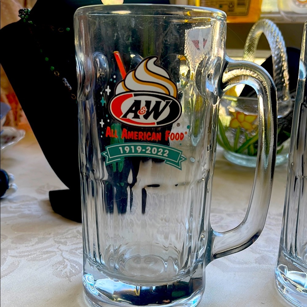 Set of A&W Glass Mugs with Handles.